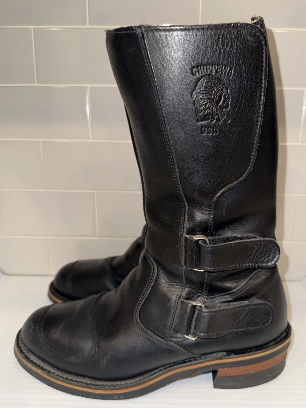 Chippewa Boots Mens Size 9D Black Leather Biker Mid Calf Vibram Rally Boot 27862